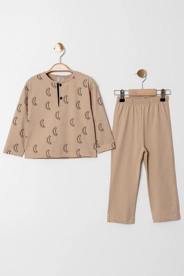 Uzun Kol Pamuklu Ay Desenli Erkek Çocuk Pijama Takımı