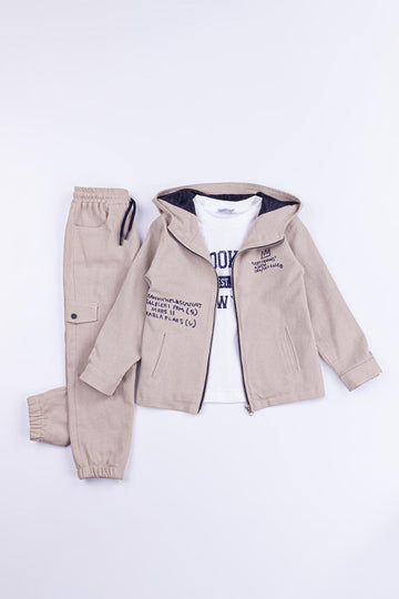 Kapüşonlu Fermuarlı Keten Kumaş %100 Pamuk 3 Parça Erkek Çocuk Ceketli Takım