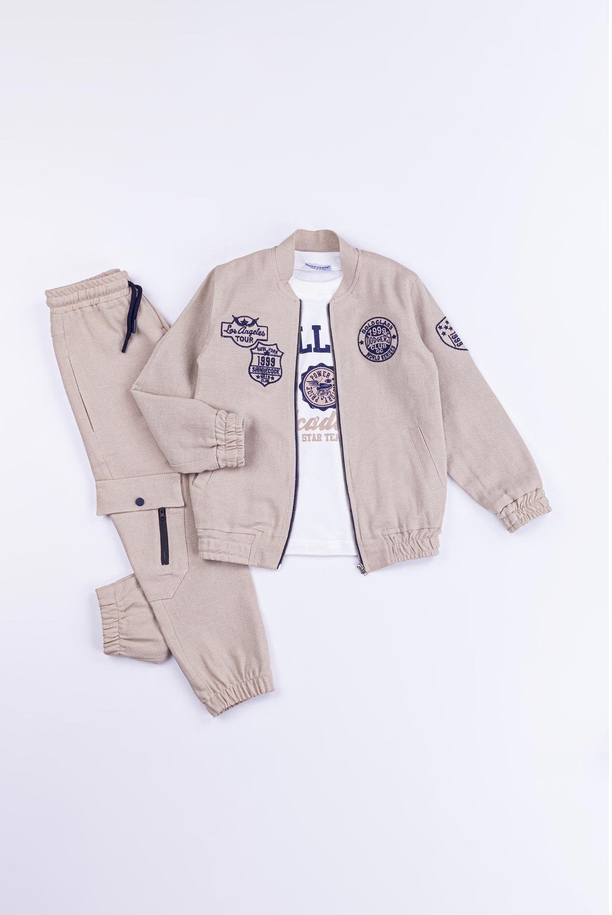 Gold Class Nakışlı Cepli Fermuarlı Keten 3 Parça Erkek Çocuk Ceketli Takım