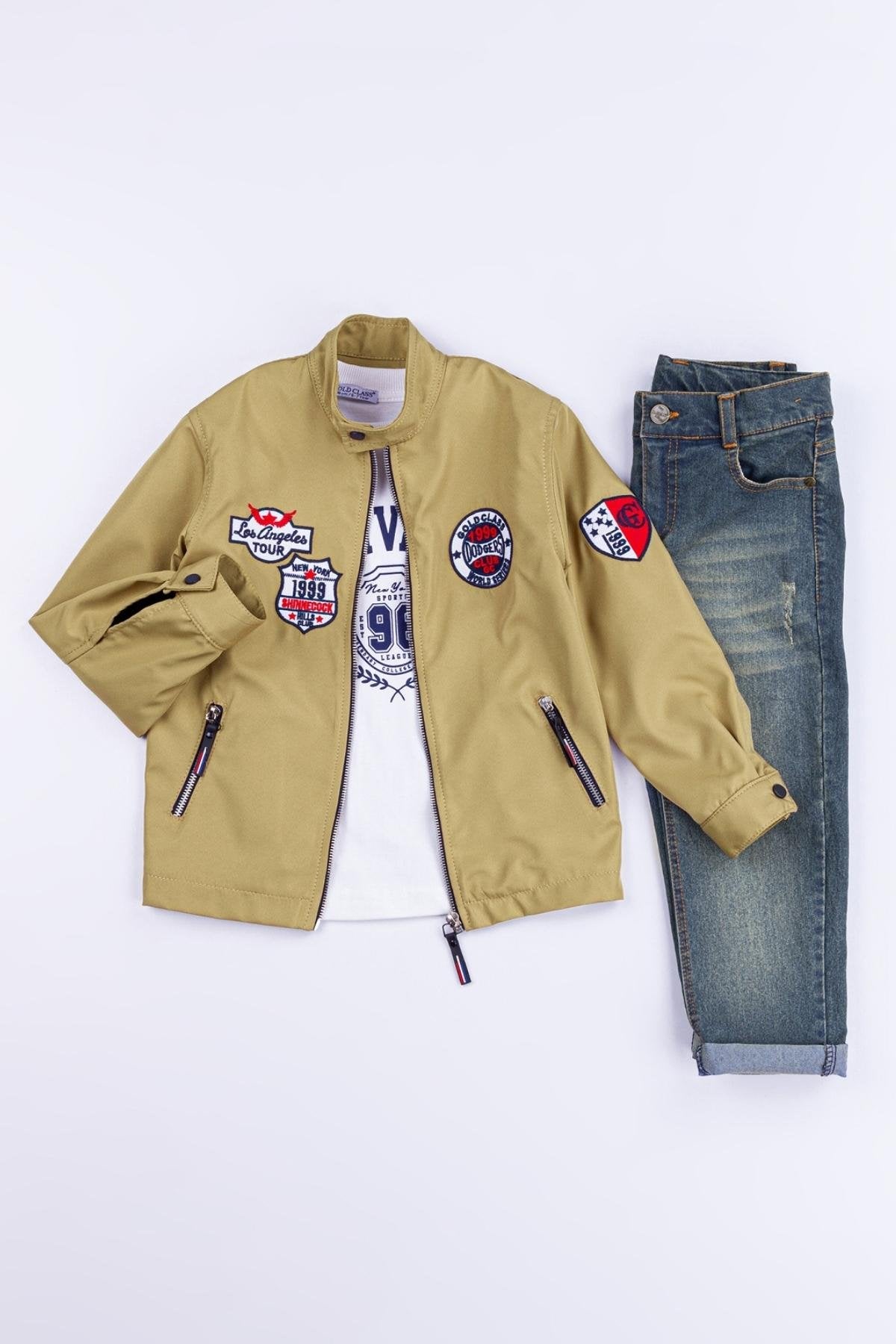 Çıtçıtlı Kol ve Yaka Arma Nakışlı Su Geçirmez 3'lü Erkek Çocuk Ceketli Takım