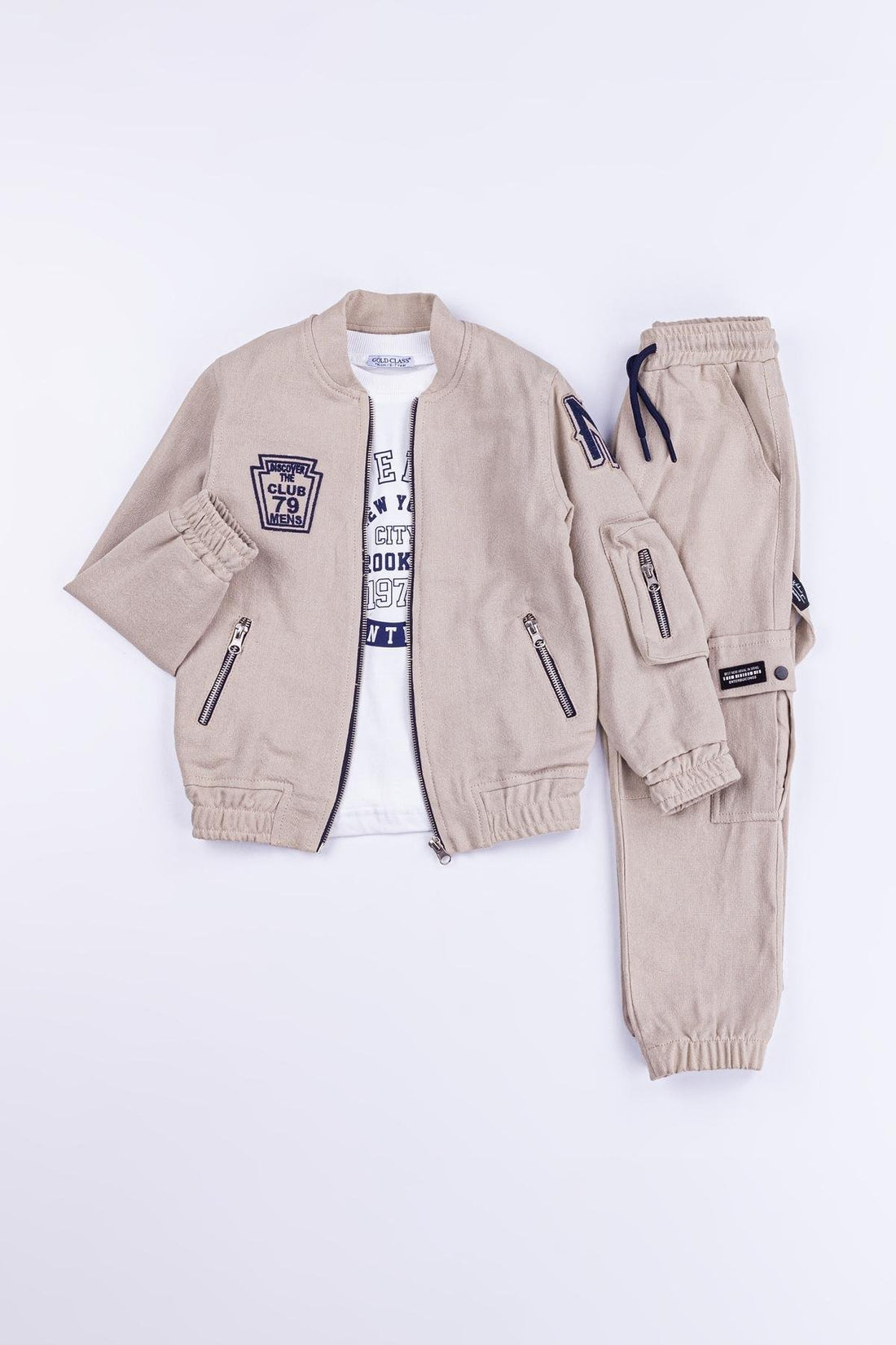 Fermuarlı Nakışlı %100 Pamuk Keten 3 Parça Erkek Çocuk Ceketli Takım