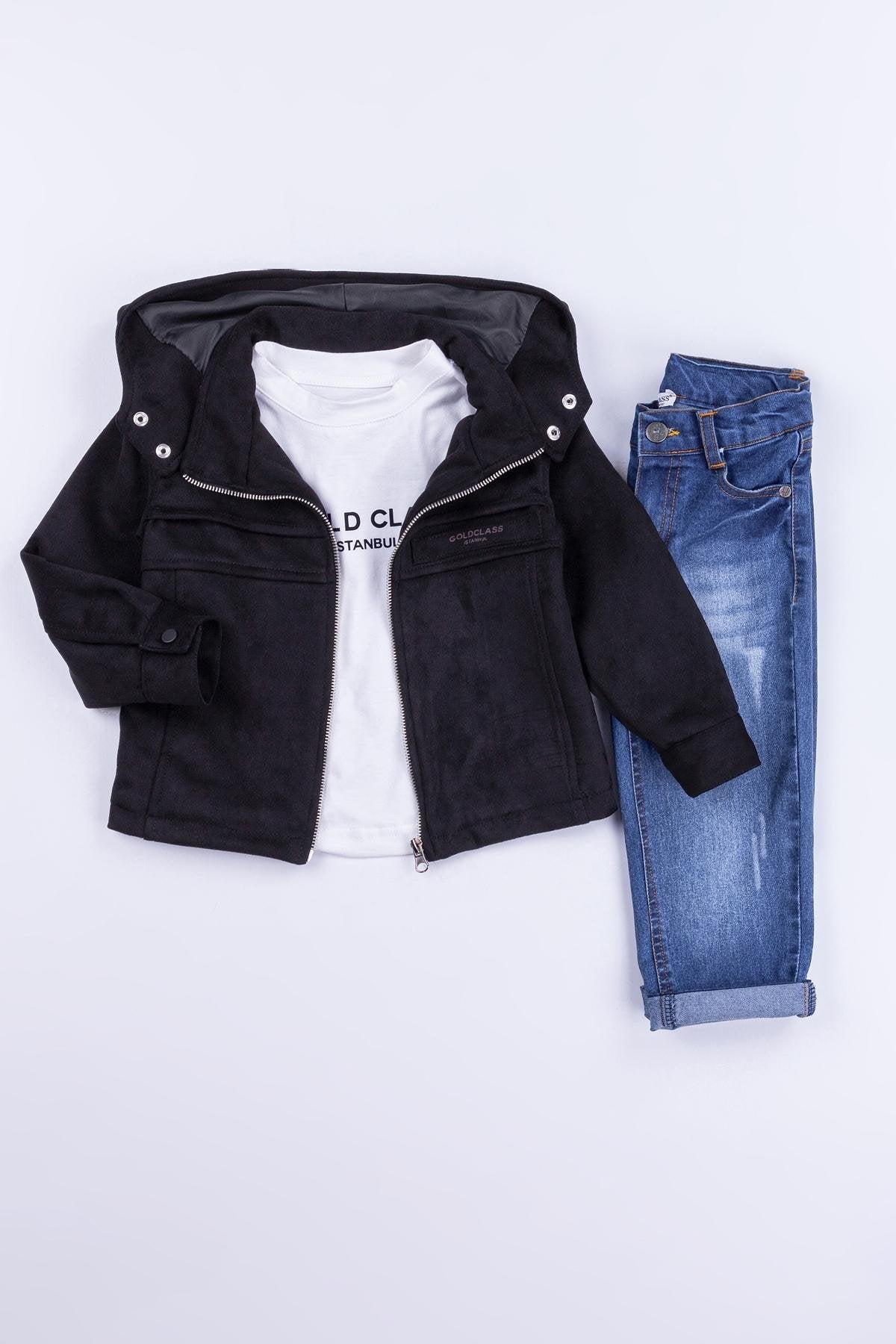 Cepli Fermuarlı Kapüşonlu Rivet Detaylı Süet 3'lü Erkek Çocuk Ceketli Takım