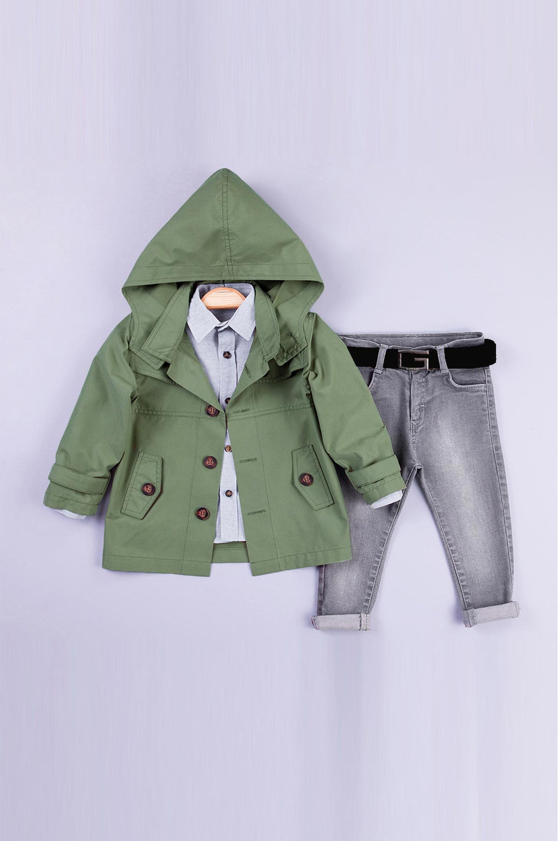 Kapüşonlu Cep Detaylı Erkek Çocuk Trençkot Takım