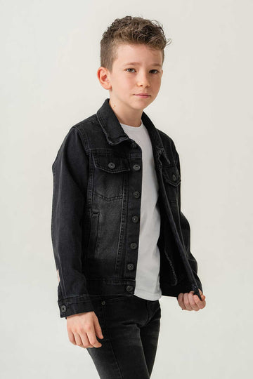 Çift Cepli Düğmeli Siyah Kot Erkek Çocuk Ceket