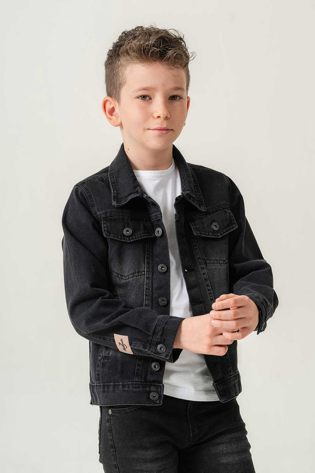 Çift Cepli Düğmeli Siyah Kot Erkek Çocuk Ceket