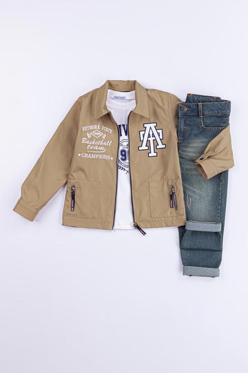 Champions Nakışlı Fermuarlı Su Geçirmez 3 Parça Erkek Çocuk Ceketli Takım