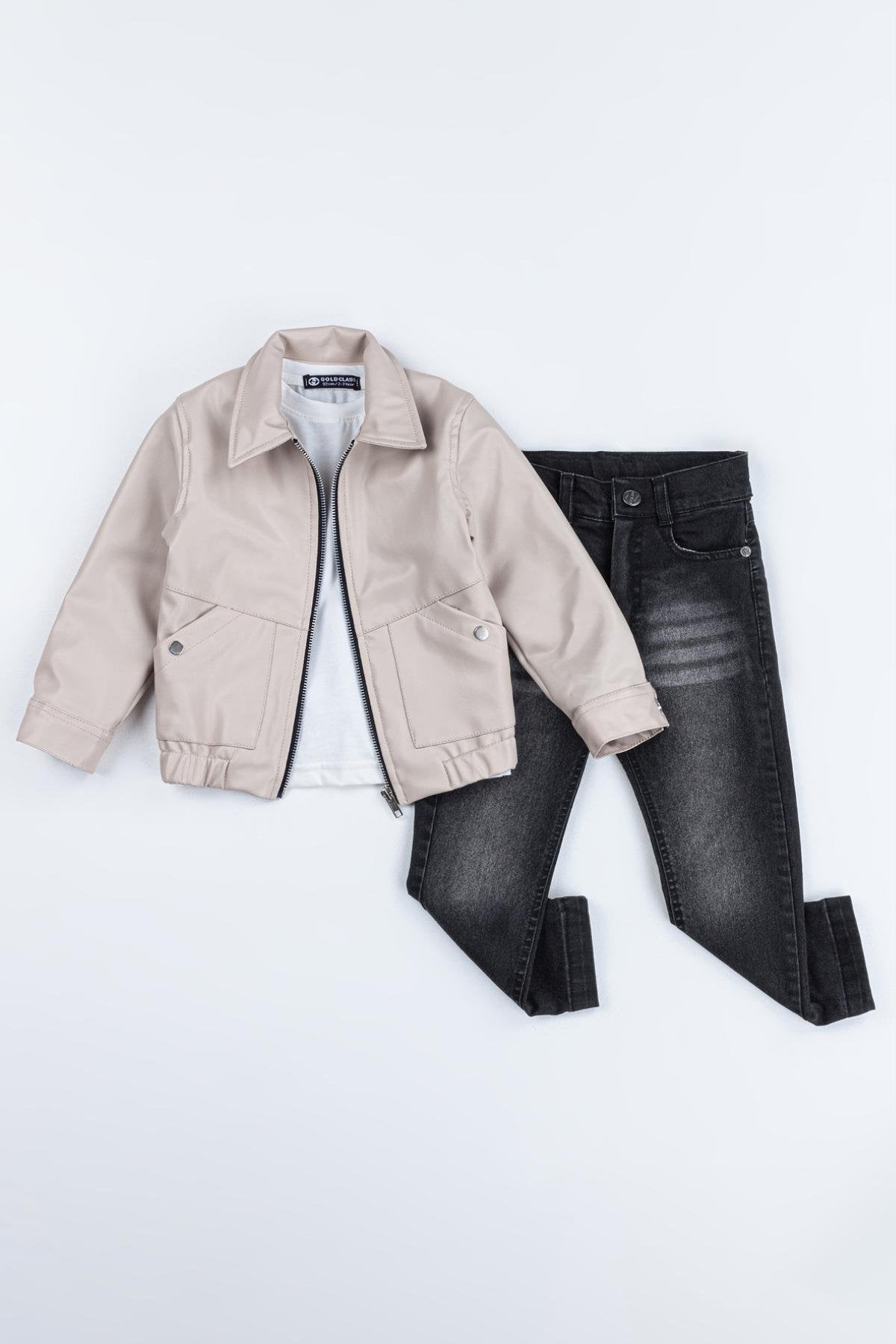 Cepli Fermuarlı Lastikli Bel 3'lü Erkek Çocuk Deri Ceketli Takım