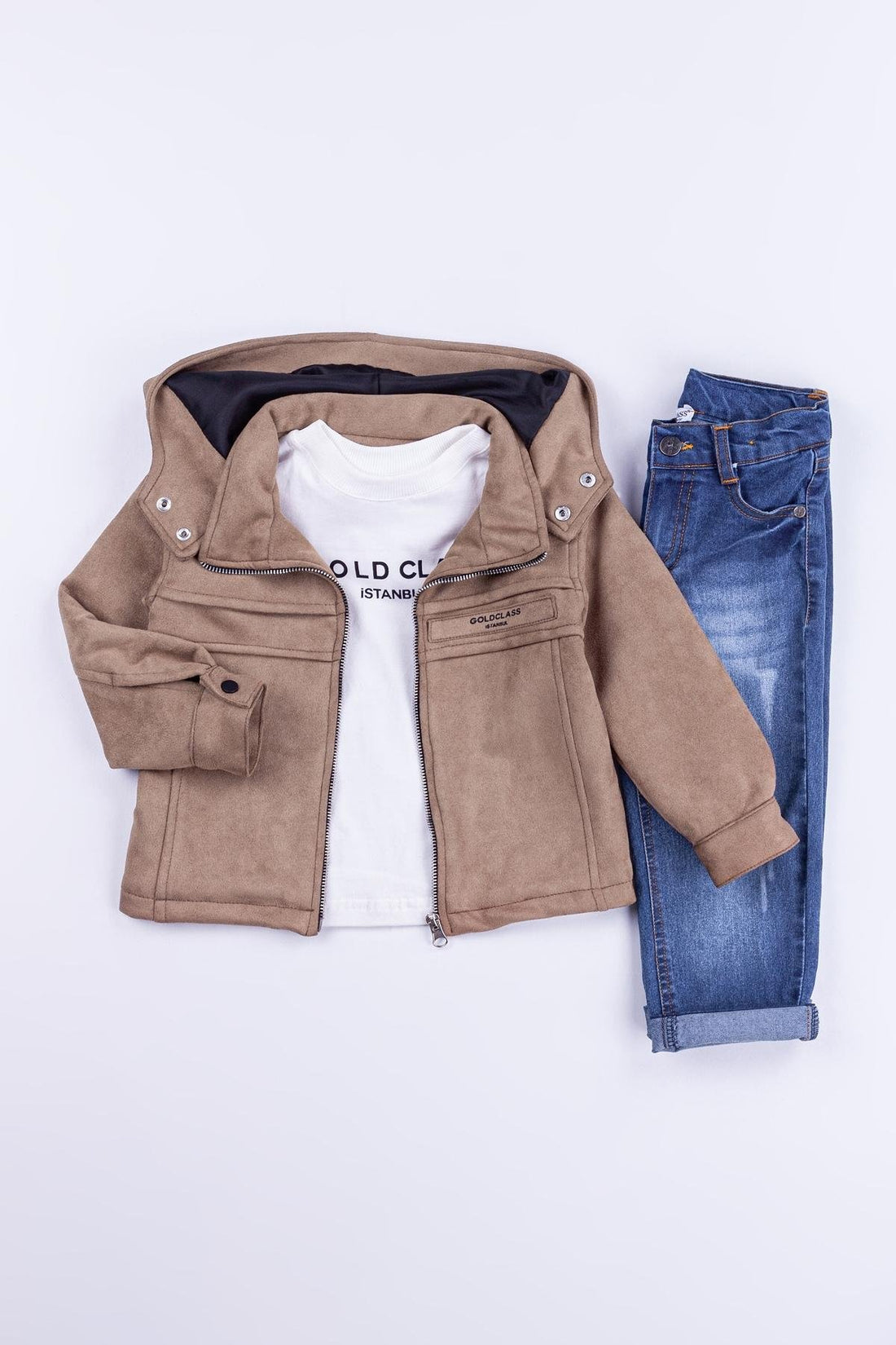 Cepli Fermuarlı Kapüşonlu Rivet Detaylı Süet 3'lü Erkek Çocuk Ceketli Takım