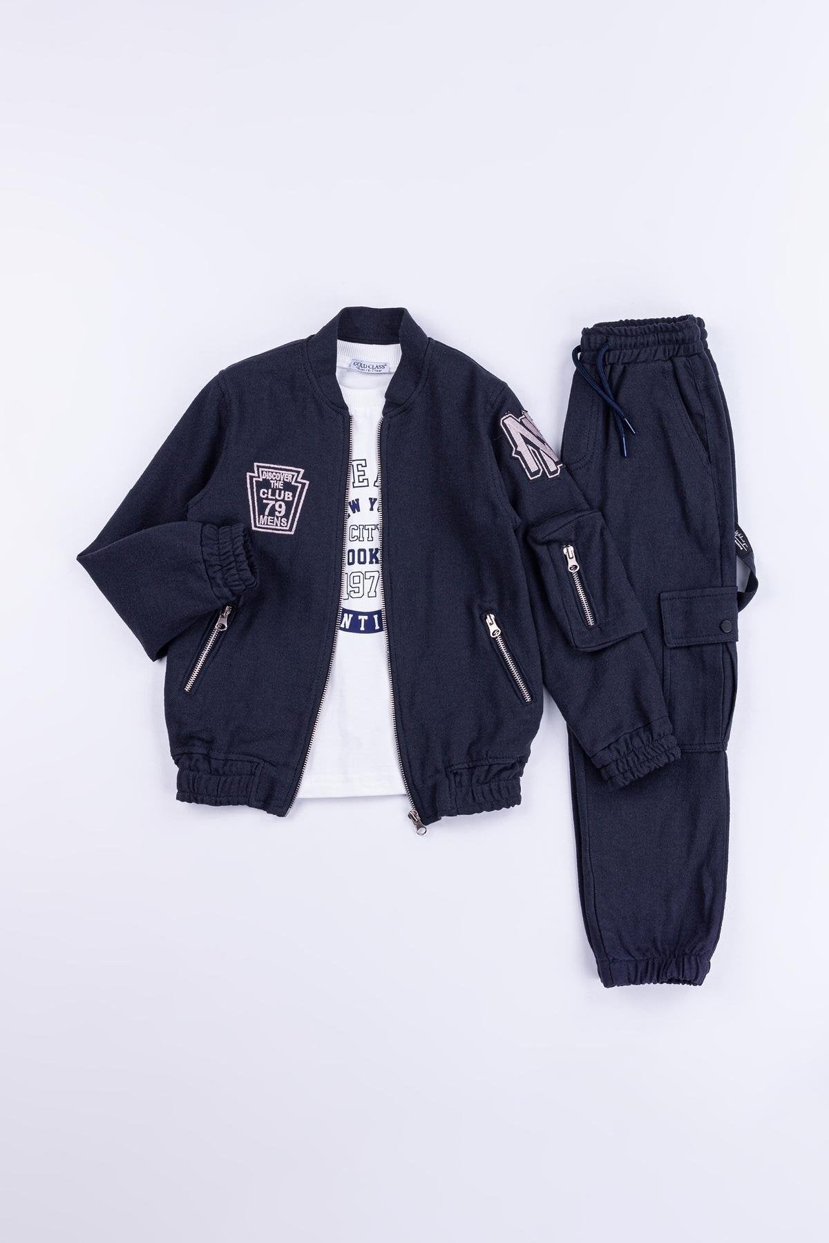 Fermuarlı Nakışlı %100 Pamuk Keten 3 Parça Erkek Çocuk Ceketli Takım