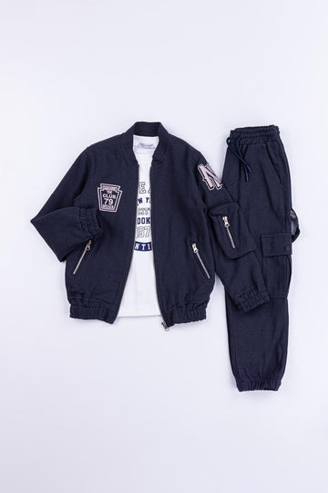 Fermuarlı Nakışlı %100 Pamuk Keten 3 Parça Erkek Çocuk Ceketli Takım