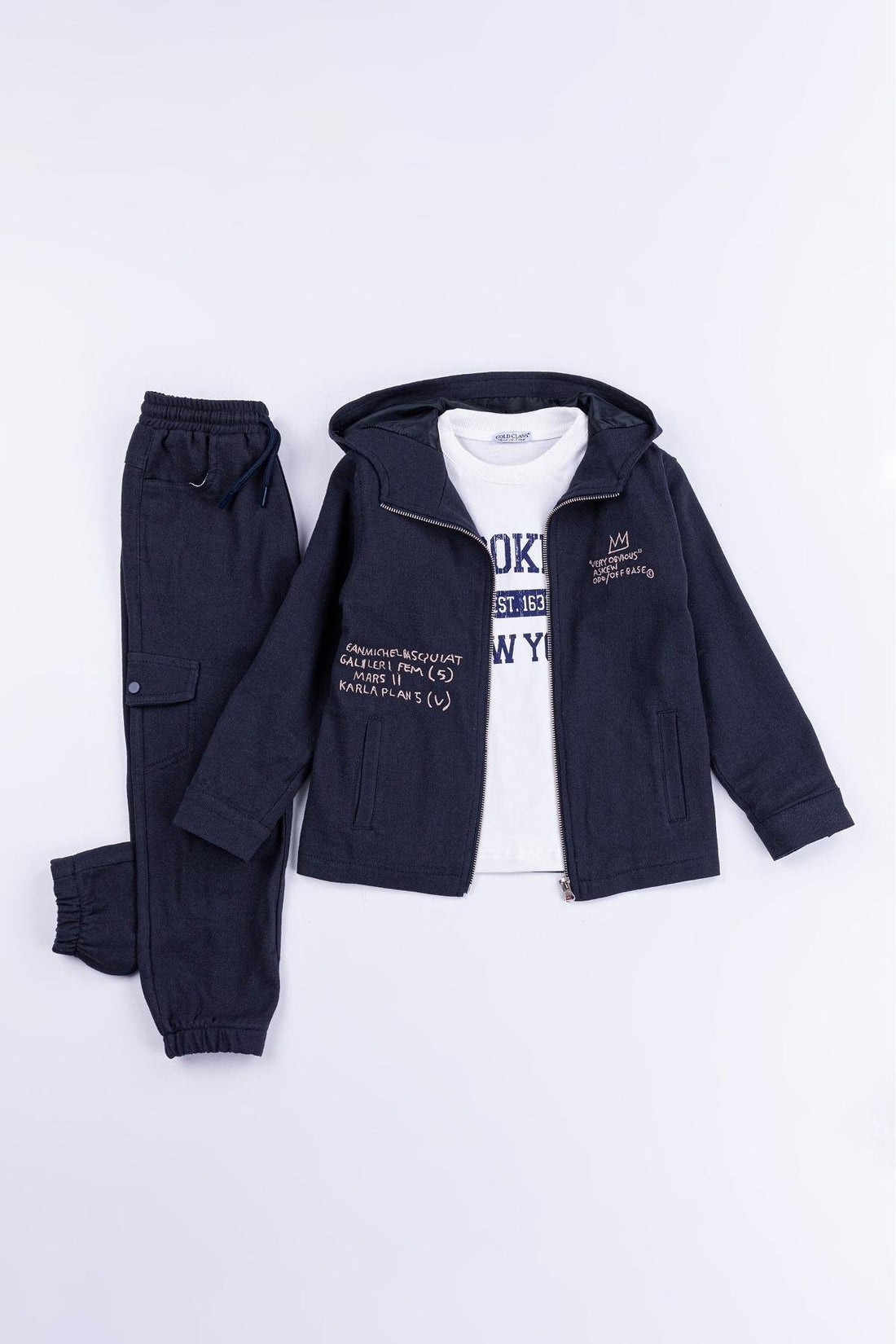Kapüşonlu Fermuarlı Keten Kumaş %100 Pamuk 3 Parça Erkek Çocuk Ceketli Takım