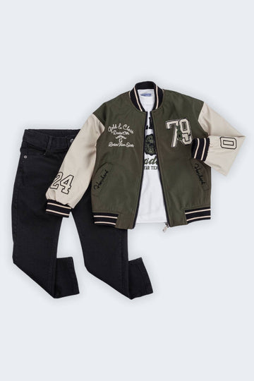 Fermuarlı Çift Cepli Nakış Süslemeli Astarlı 3'lü Erkek Çocuk Ceketli Takım