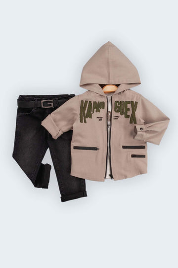 Fermuarlı Kapüşonlu Süs Cepli Mevsimlik 4'lü Erkek Çocuk Ceketli Takım