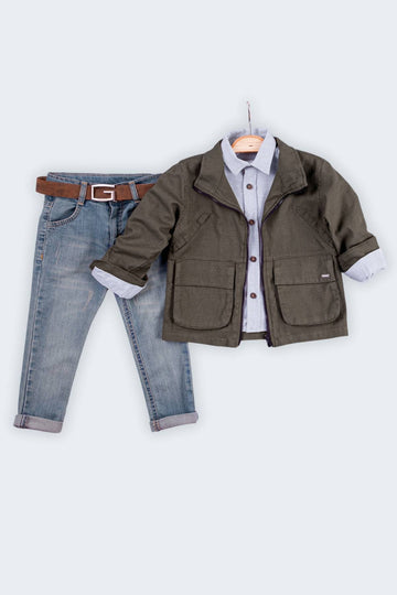 Çift Cepli Fermuarlı Yıkamalı Gabardin 4'lü Erkek Çocuk Ceketli Takım