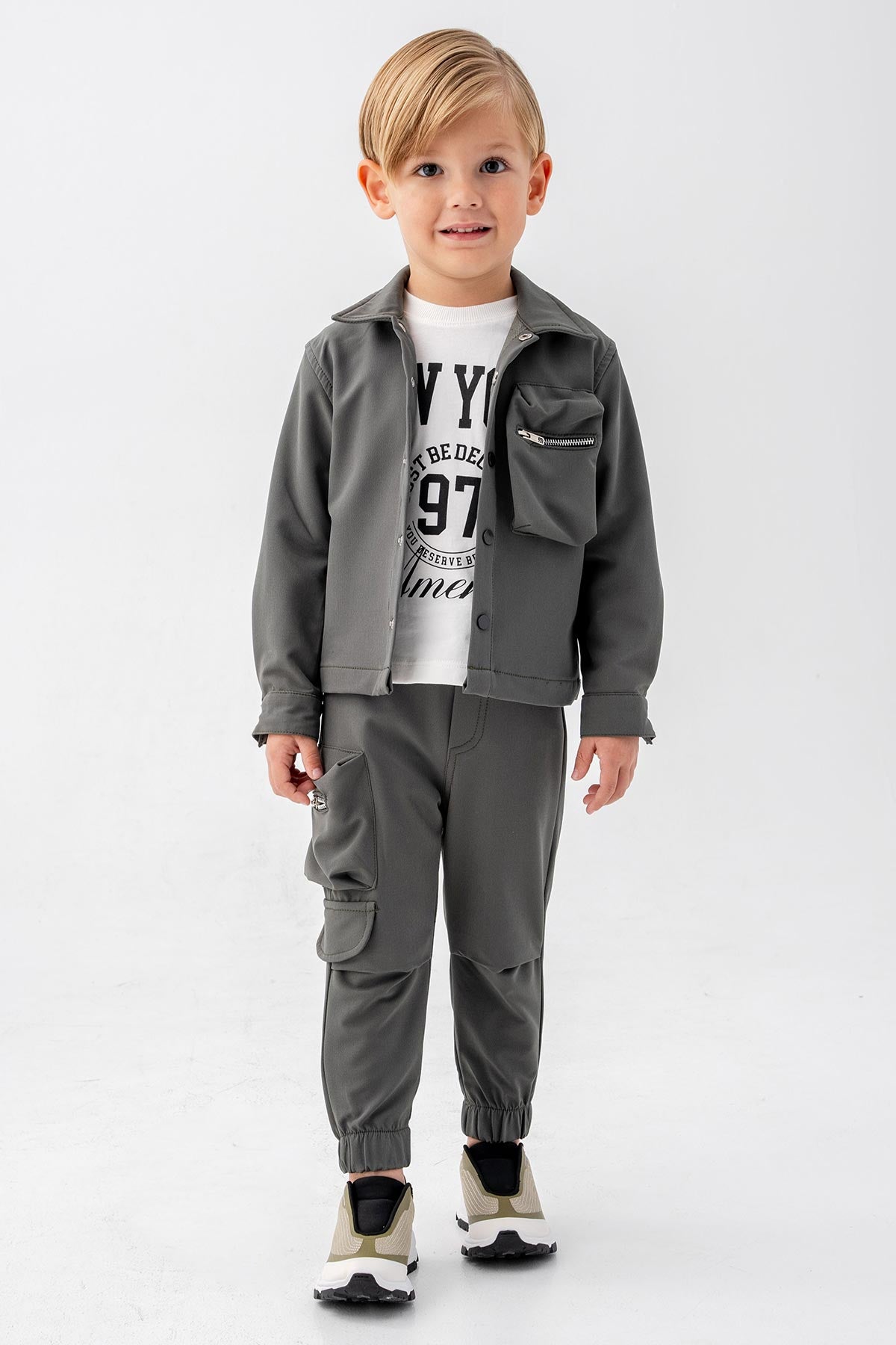 Çıtçıtlı Balon Cepli 3 Parça Erkek Çocuk Ceketli Takım