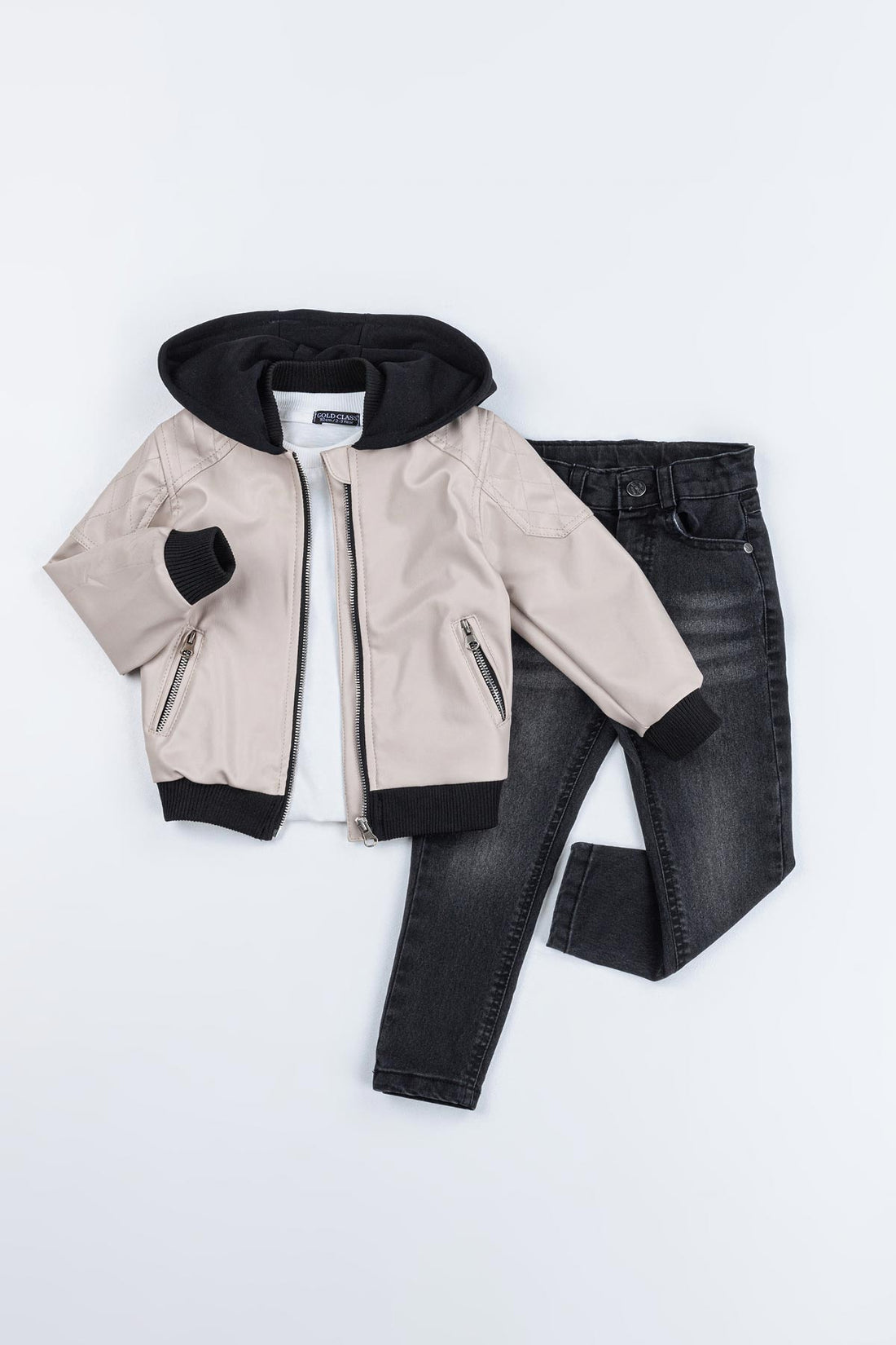Kapüşonlu Omuz Detaylı Fermuarlı 3'lü Erkek Çocuk Deri Ceketli Takım