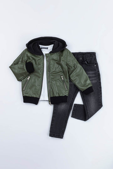 Kapüşonlu Omuz Detaylı Fermuarlı 3'lü Erkek Çocuk Deri Ceketli Takım