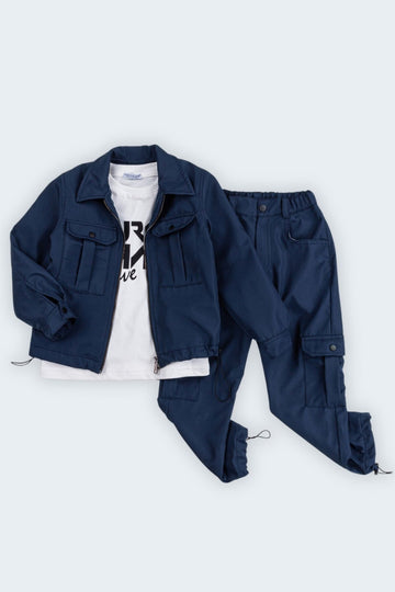 Çift Göğüs Cepli Su Geçirmez 3'lü Erkek Çocuk Ceketli Takım