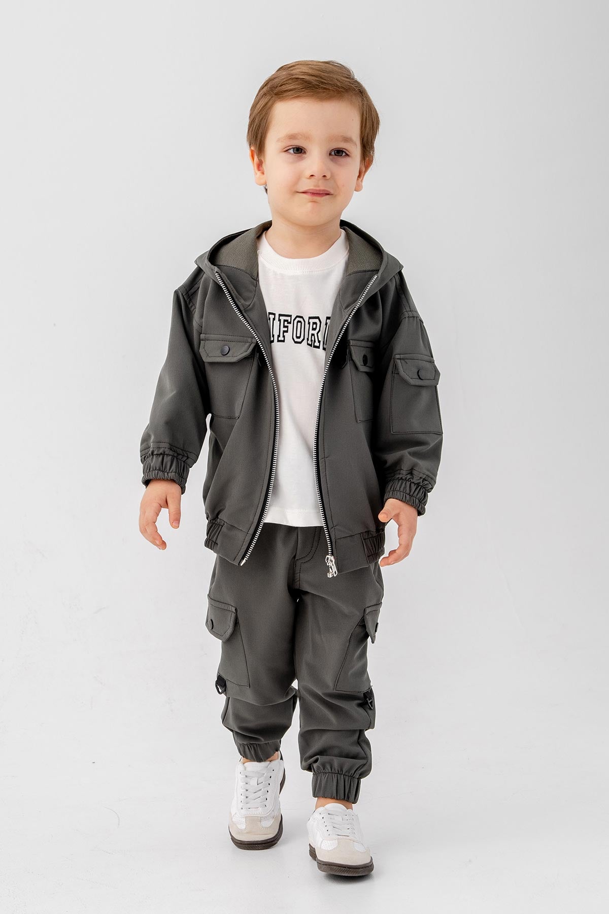 Çift Göğüs Cepli Body'li Kapüşonlu 3 Parça Erkek Çocuk Ceketli Takım