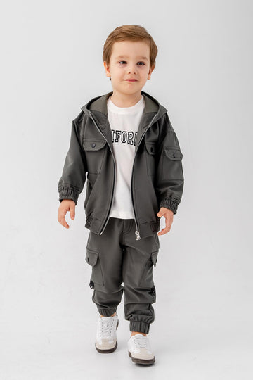 Çift Göğüs Cepli Body'li Kapüşonlu 3 Parça Erkek Çocuk Ceketli Takım