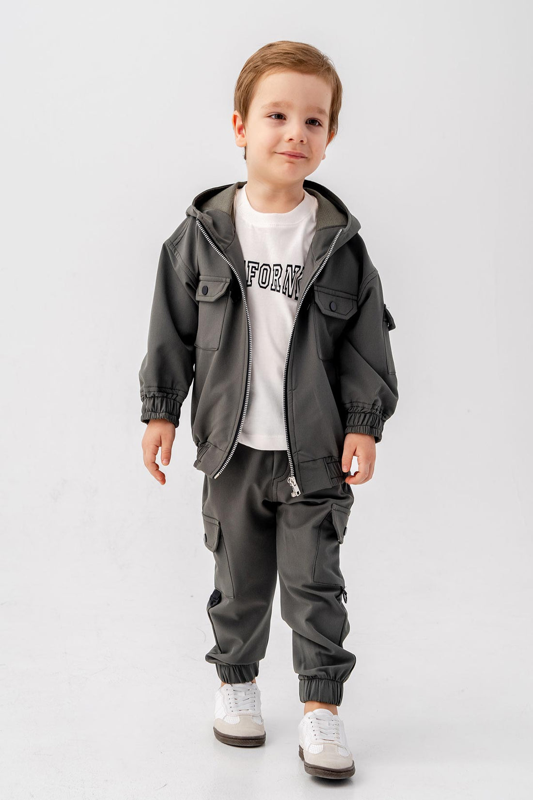 Çift Göğüs Cepli Body'li Kapüşonlu 3 Parça Erkek Çocuk Ceketli Takım