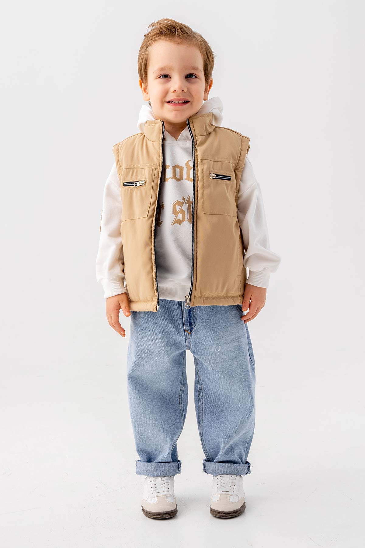 Çift Göğüs Cepli Fermuarlı Astarlı 3 Parça Erkek Çocuk Yelekli Takım
