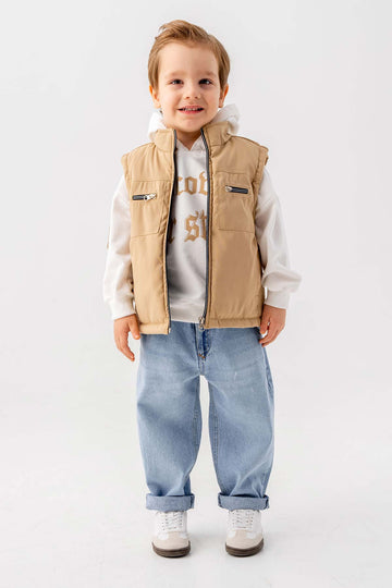 Çift Göğüs Cepli Fermuarlı Astarlı 3 Parça Erkek Çocuk Yelekli Takım