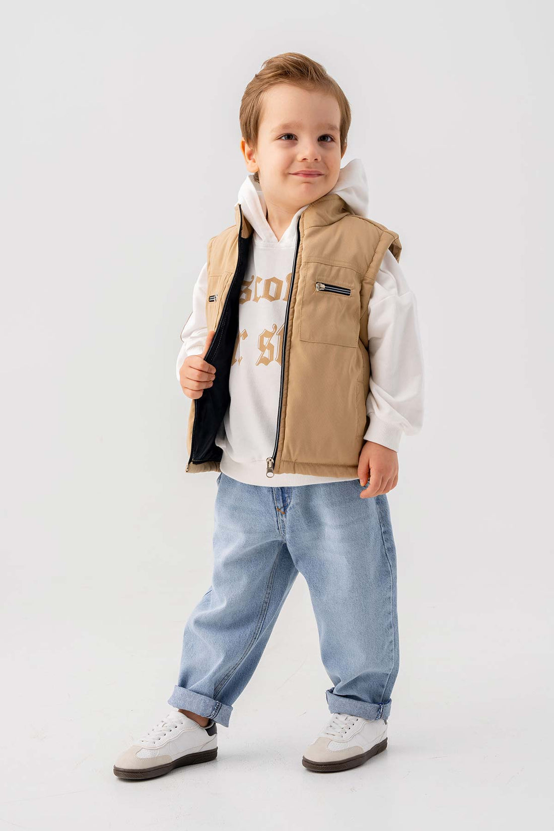 Çift Göğüs Cepli Fermuarlı Astarlı 3 Parça Erkek Çocuk Yelekli Takım