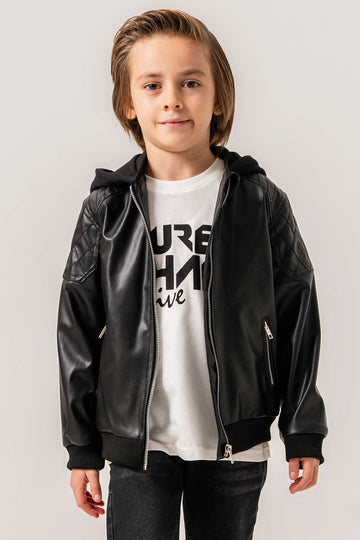 Kapüşonlu Cepli Fermuarlı Erkek Çocuk Deri Ceket