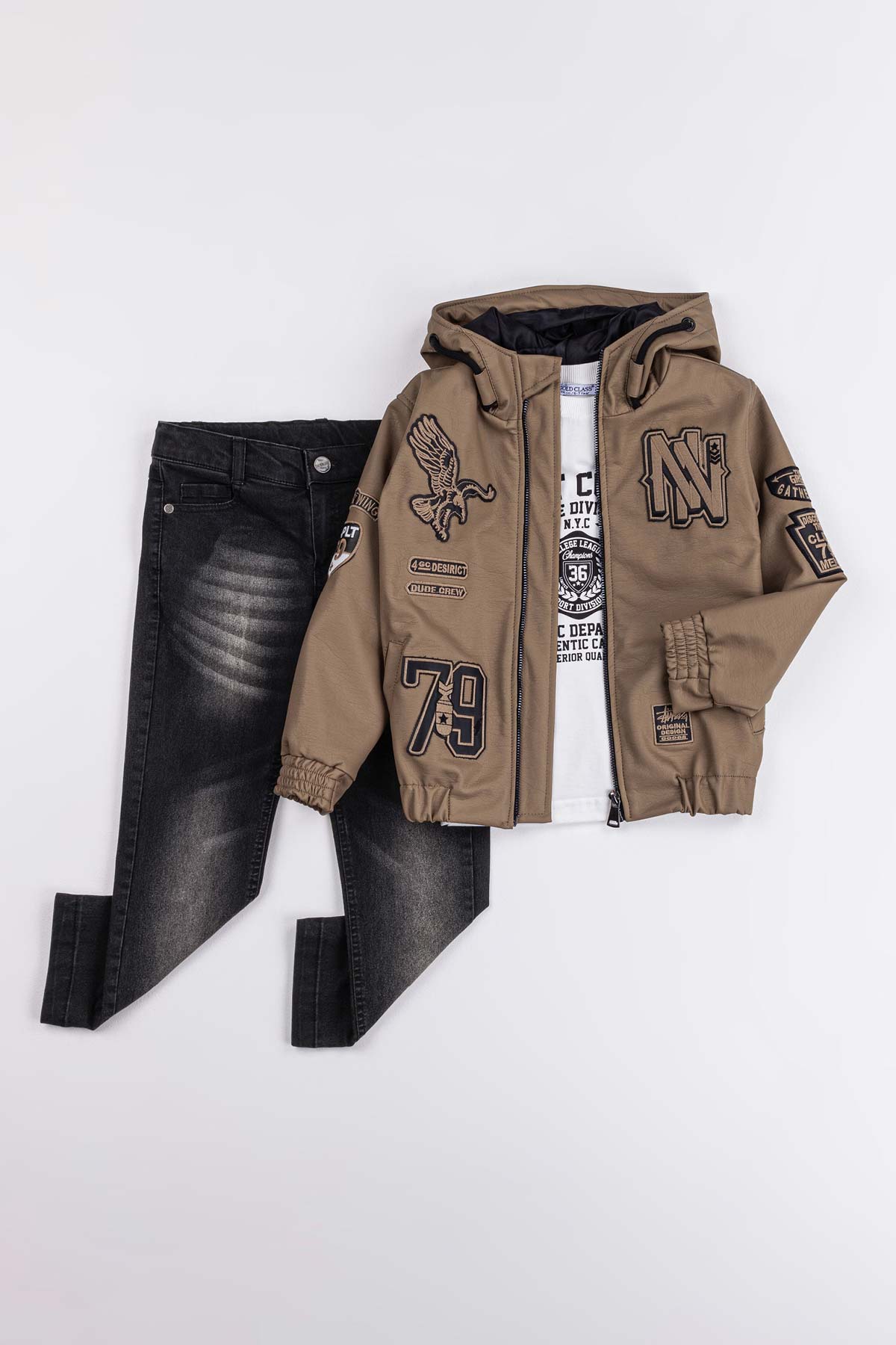 Çift Cepli Kartal Nakışlı Fermuarlı 3'lü Erkek Çocuk Deri Ceketli Takım