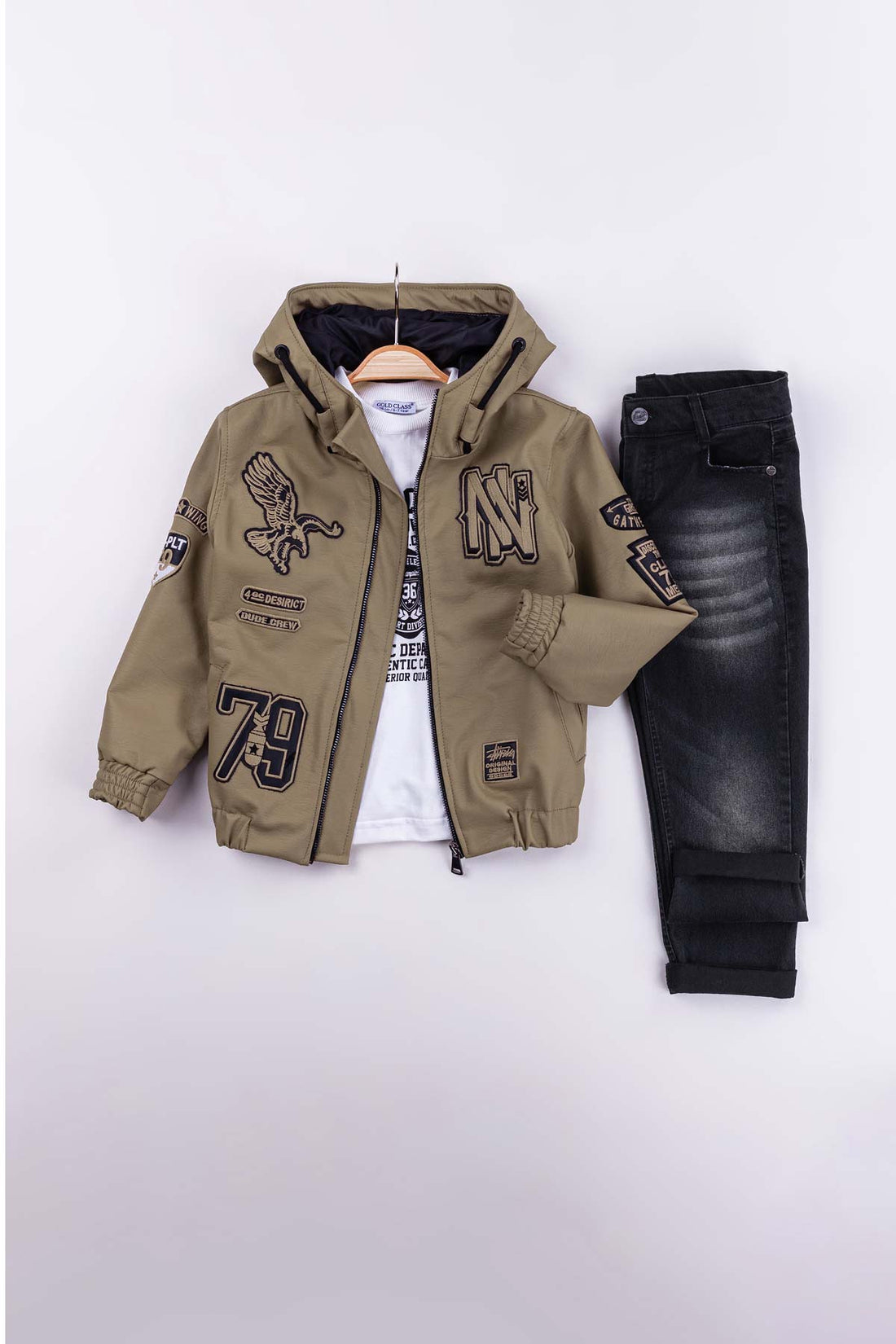 Çift Cepli Kartal Nakışlı Fermuarlı 3'lü Erkek Çocuk Deri Ceketli Takım