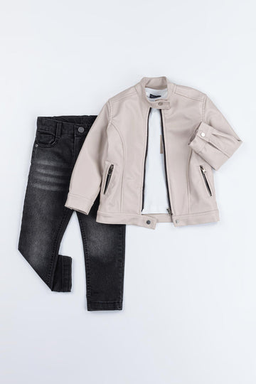 Fermuarlı Astarlı Çıtçıtlı Bel 3'lü Erkek Çocuk Deri Ceketli Takım