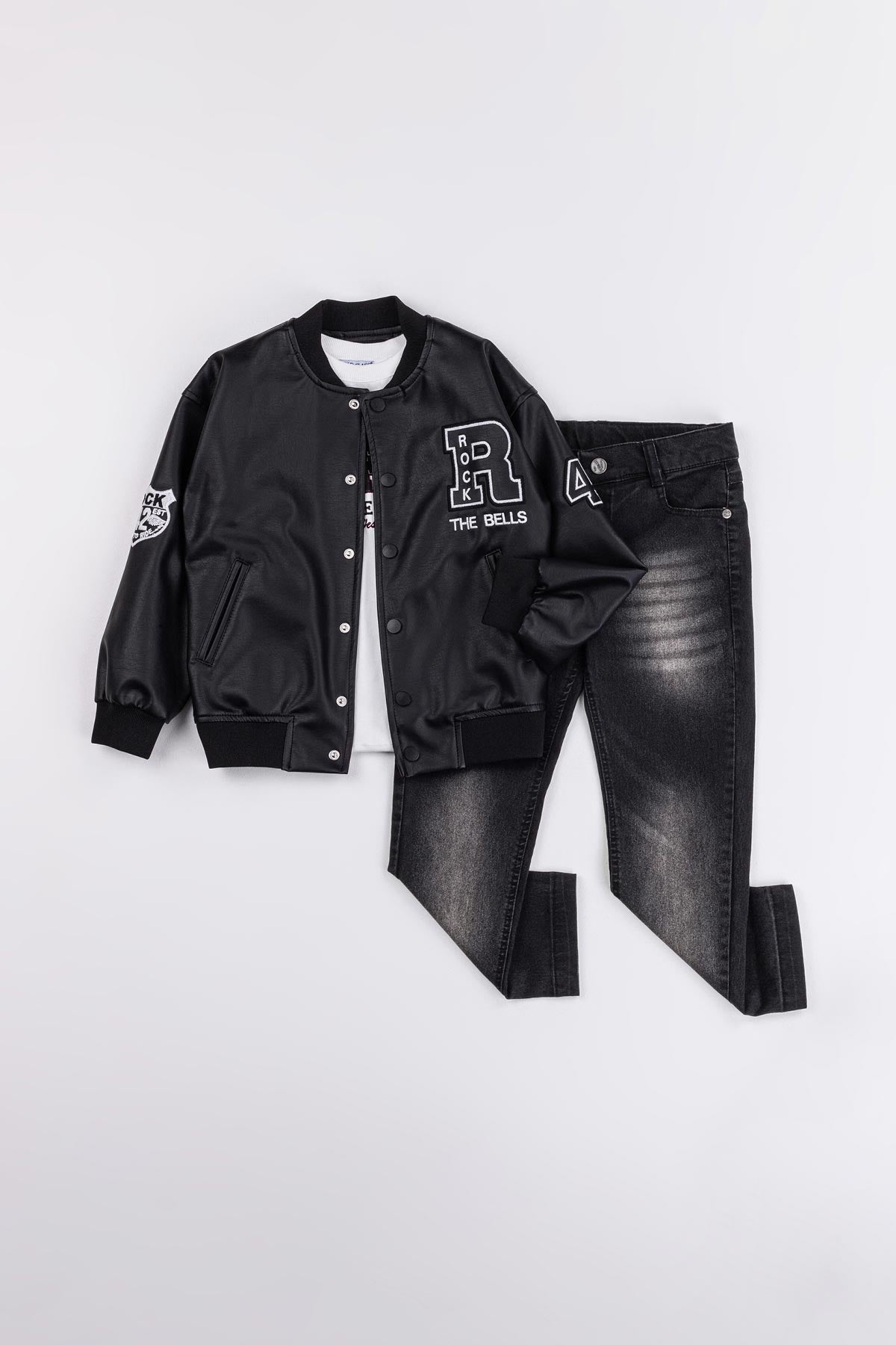 Çıtçıtlı Astarlı Rock Nakışlı Deri 3'lü Erkek Çocuk Ceketli Takım
