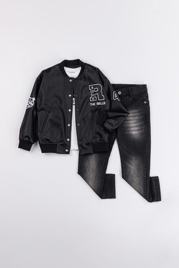 Çıtçıtlı Astarlı Rock Nakışlı Deri 3'lü Erkek Çocuk Ceketli Takım