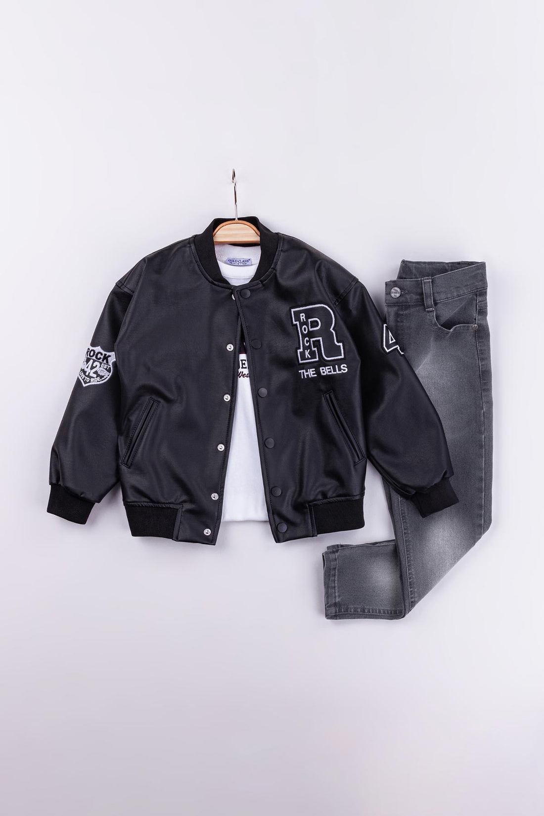 Çıtçıtlı Astarlı Rock Nakışlı Deri 3'lü Erkek Çocuk Ceketli Takım