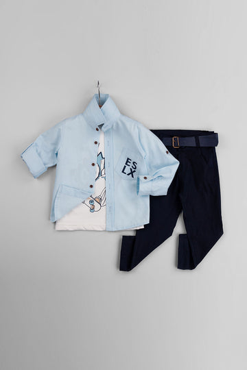 Pantolonlu Kemerli %100 Pamuk 4'lü Erkek Çocuk Gömlekli Takım