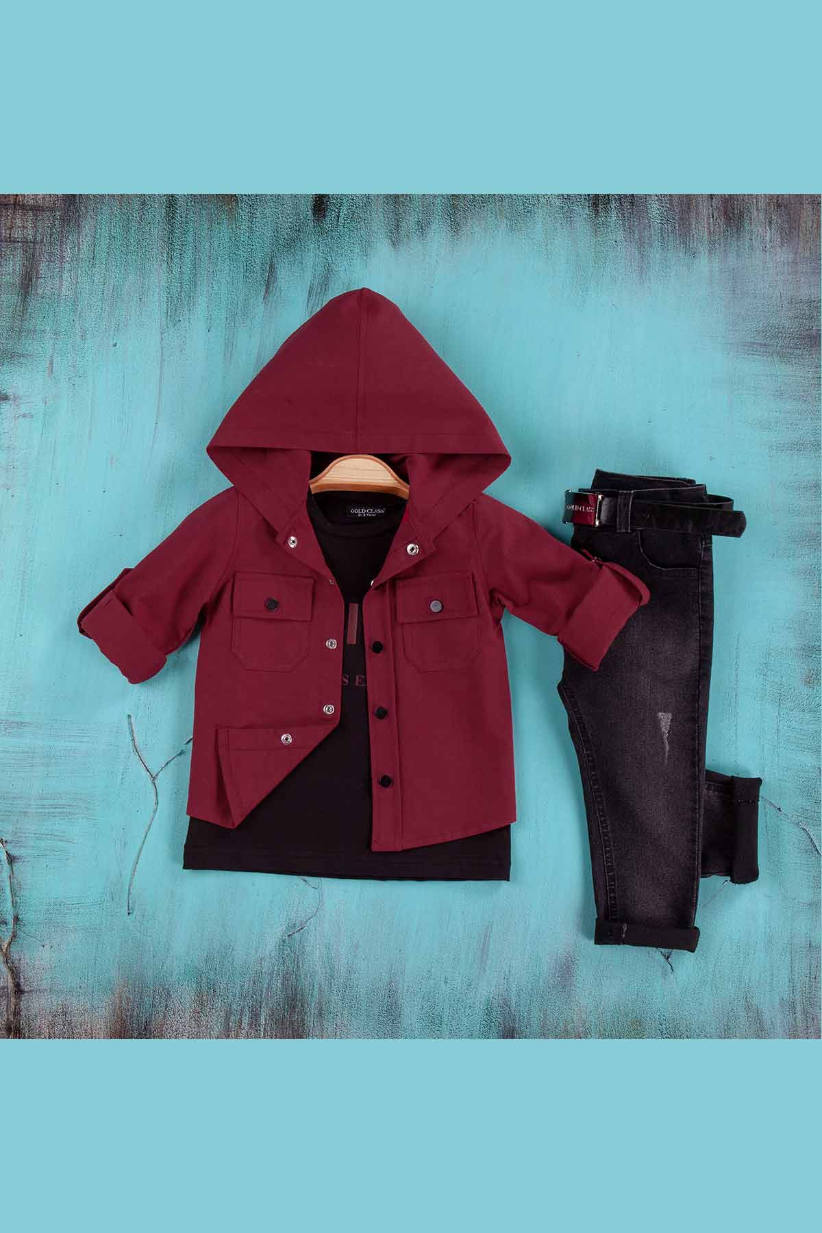 Kapüşonlu Çıtçıtlı Çift Göğüs Cepli Kemerli 4'lü Erkek Çocuk Gömlekli Takım
