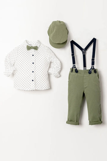 Uzun Kol Şapkalı Salopetli 5 Parça Erkek Çocuk Gömlekli Takım