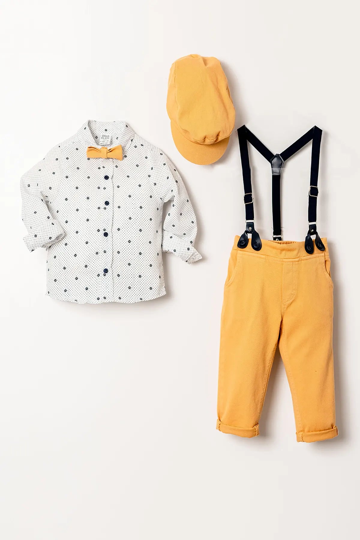 Salopetli Şapkalı 5 Parça Erkek Çocuk Gömlekli Takım
