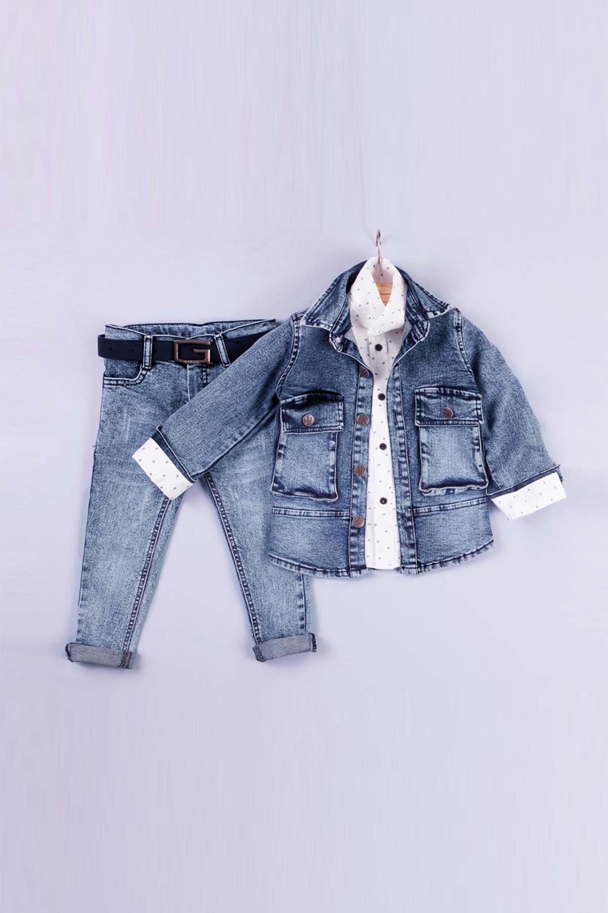 Düğmeli Körüklü Cepli Pamuklu 4'lü Erkek Çocuk Kot Takım