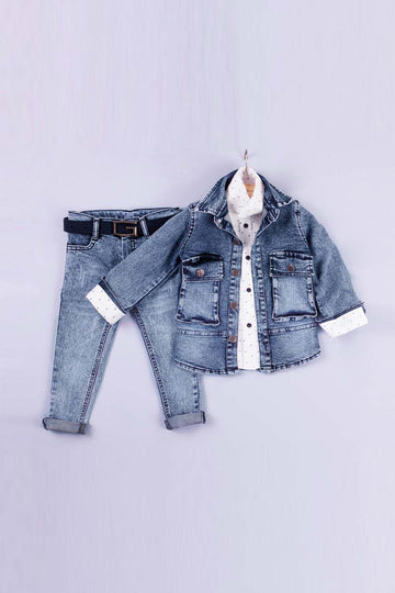 Düğmeli Körüklü Cepli Pamuklu 4'lü Erkek Çocuk Kot Takım