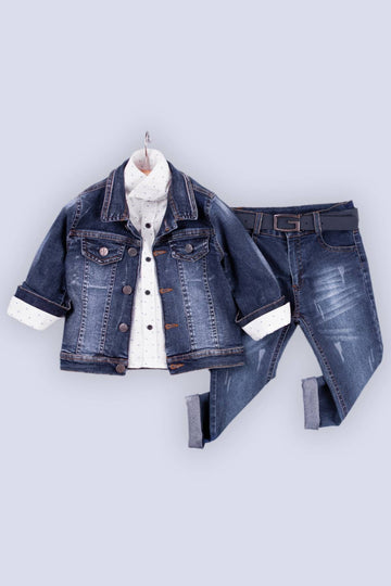 Düğmeli Süs Cepli Gömlekli 4'lü Erkek Çocuk Kot Takım