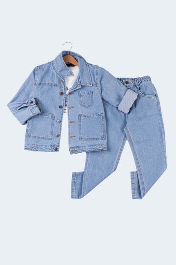 Çift Cepli Düğmeli Mevsimlik Lastikli Bel 3'lü Erkek Çocuk Kot Takım