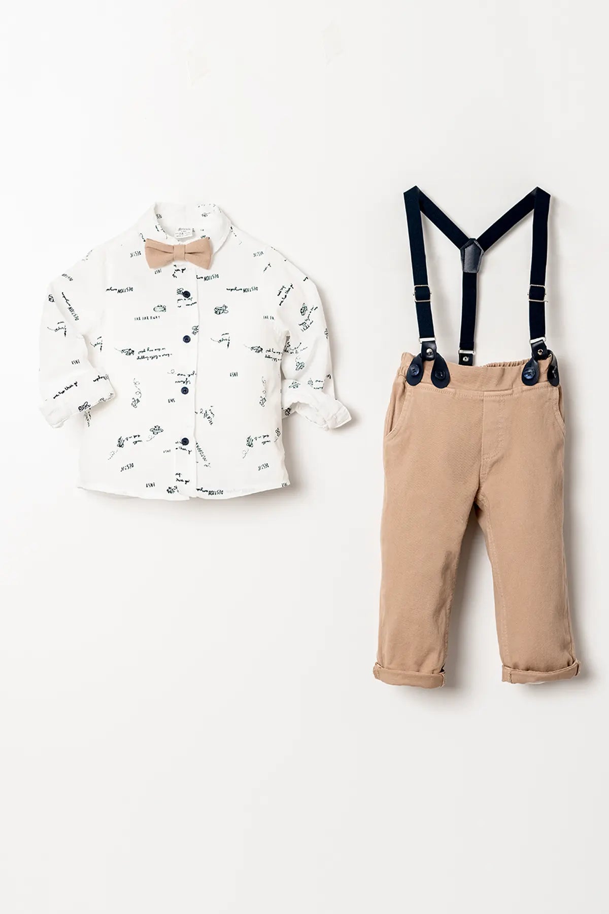 Uzun Kol Papyonlu Salopetli 4 Parça Erkek Çocuk Gömlekli Takım
