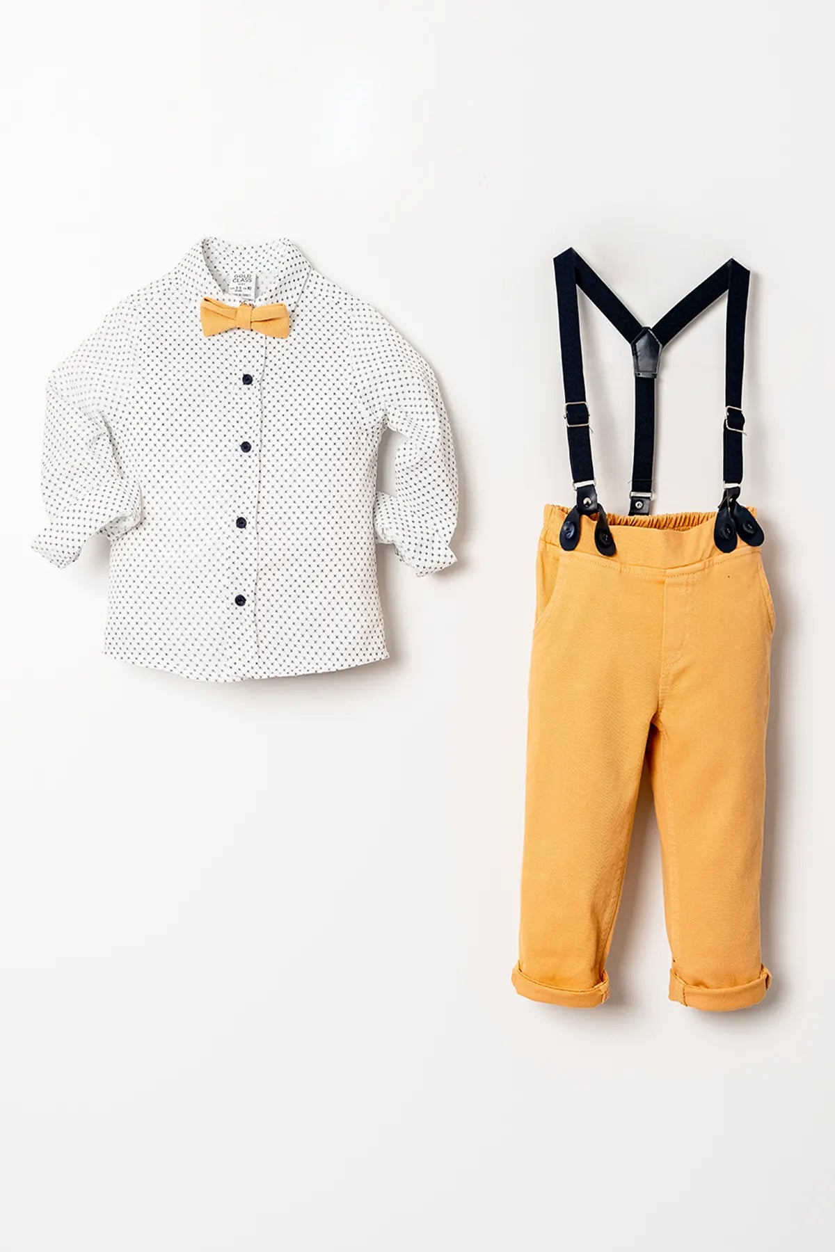 Salopetli Uzun Kol Papyonlu 4 Parça Erkek Çocuk Gömlekli Takım
