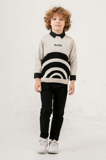 Desenli Bisiklet Yaka 3 Parça Erkek Çocuk Triko Takım