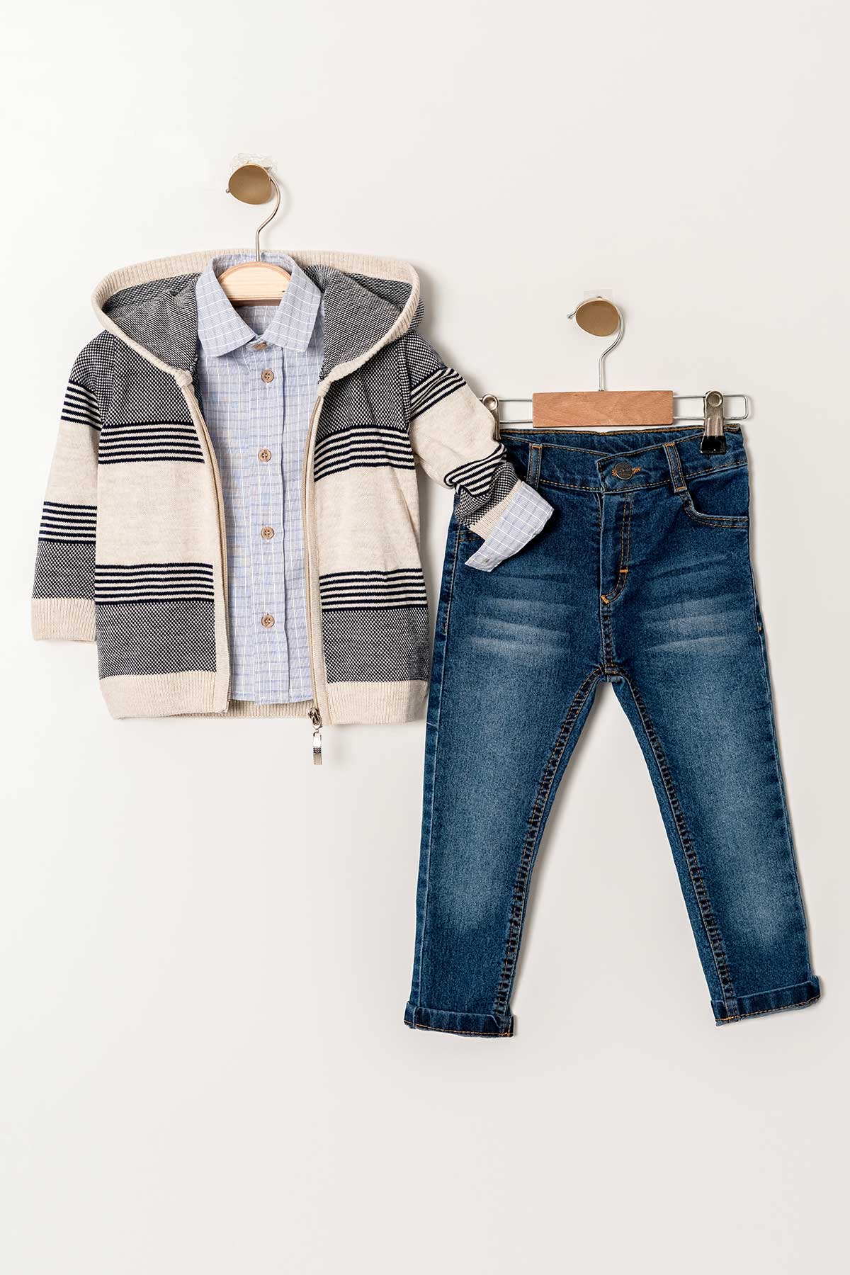 Fermuarlı Kapüşonlu Akrilik 3 Parça Erkek Çocuk Triko Takım