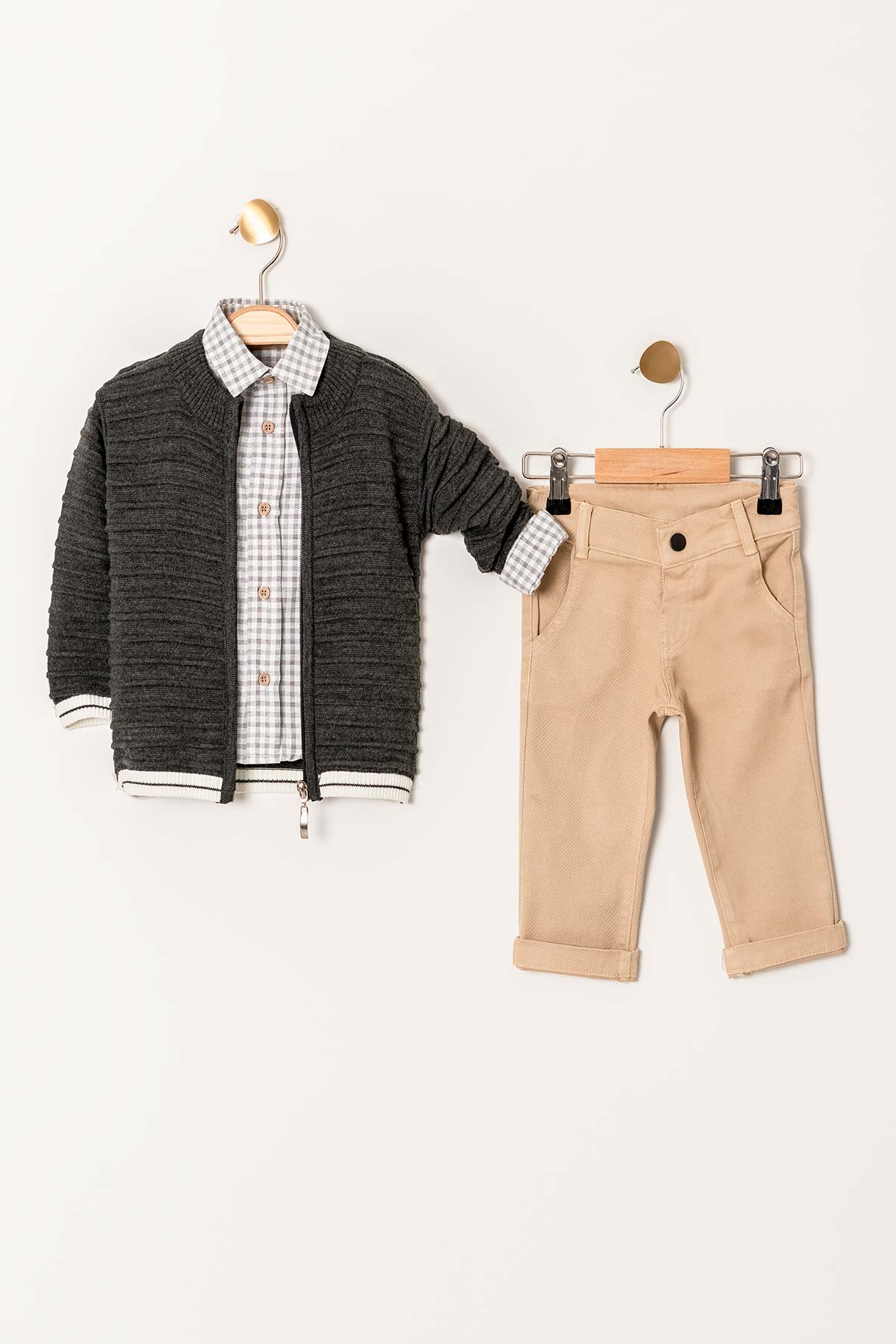 Fermuarlı Akrilik Kumaş Gömlekli 3 Parça Erkek Çocuk Triko Takım