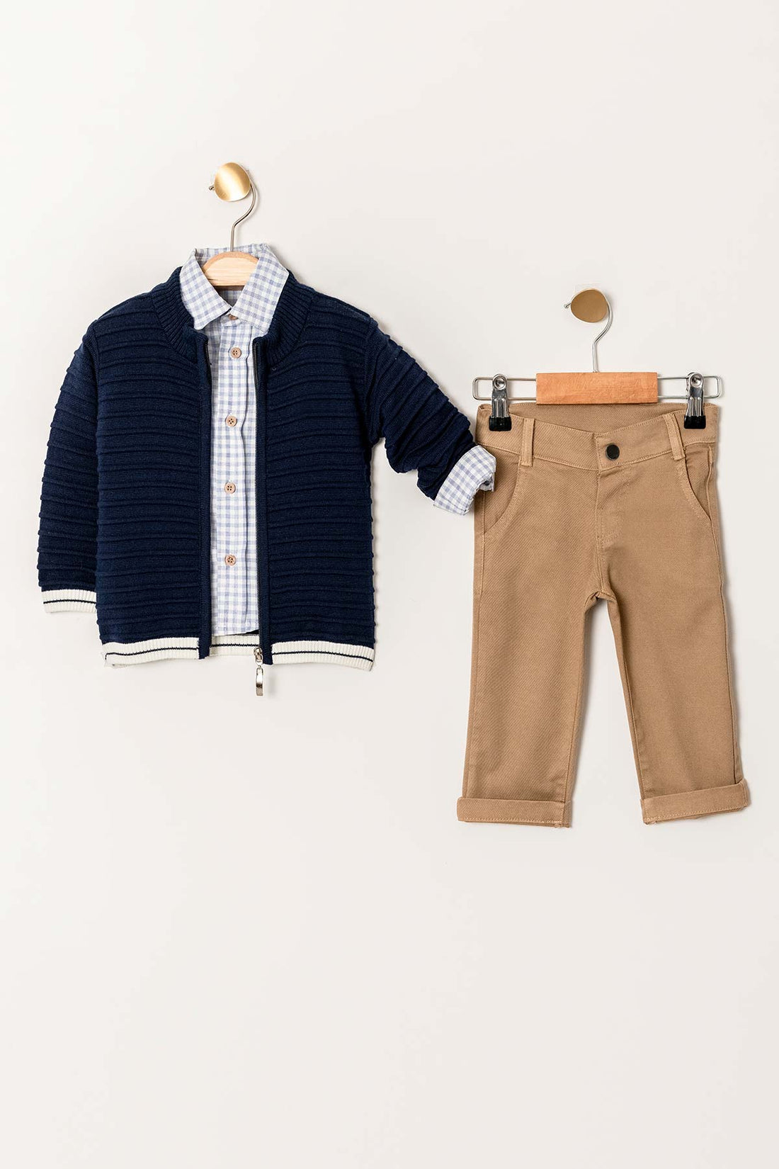 Fermuarlı Akrilik Kumaş Gömlekli 3 Parça Erkek Çocuk Triko Takım