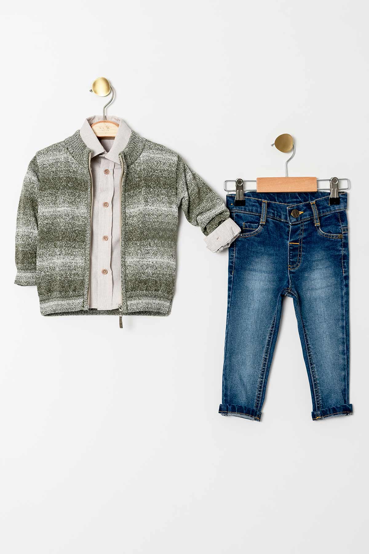 Fermuarlı Desenli Akrilik Kumaş 3 Parça Erkek Çocuk Triko Takım